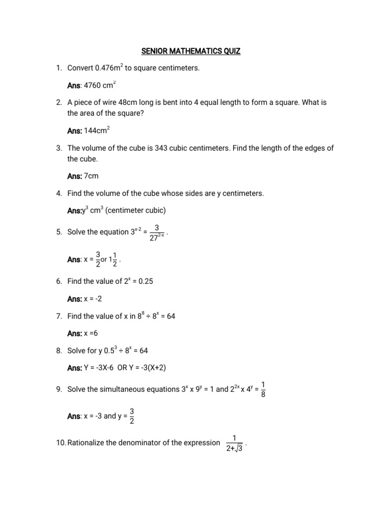 Senior Mathematics Quiz Solutions | PDF
