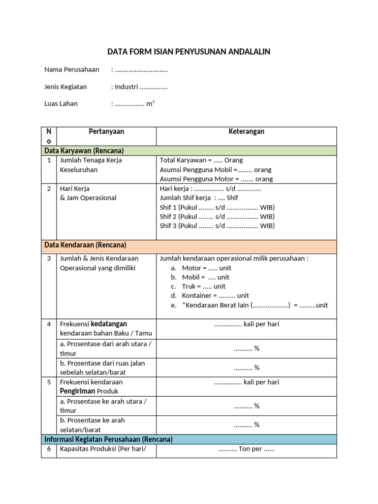 Form Isian Penyusunan Andalan Lalin | PDF