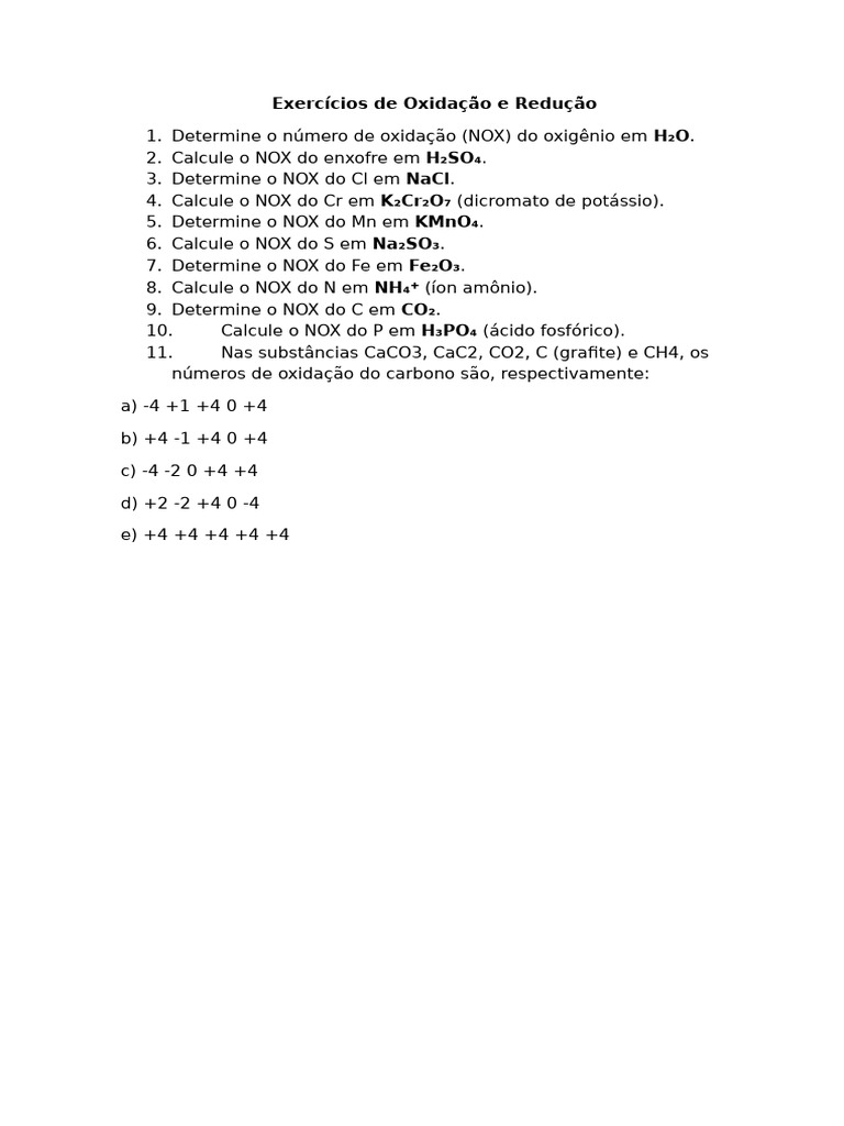 Exercícios de Oxidação e Redução | PDF