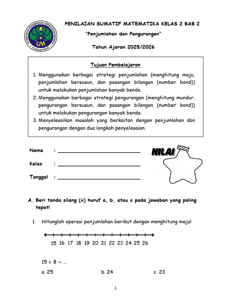 Penilaian Matematika Kelas 2: Bab 2 | PDF