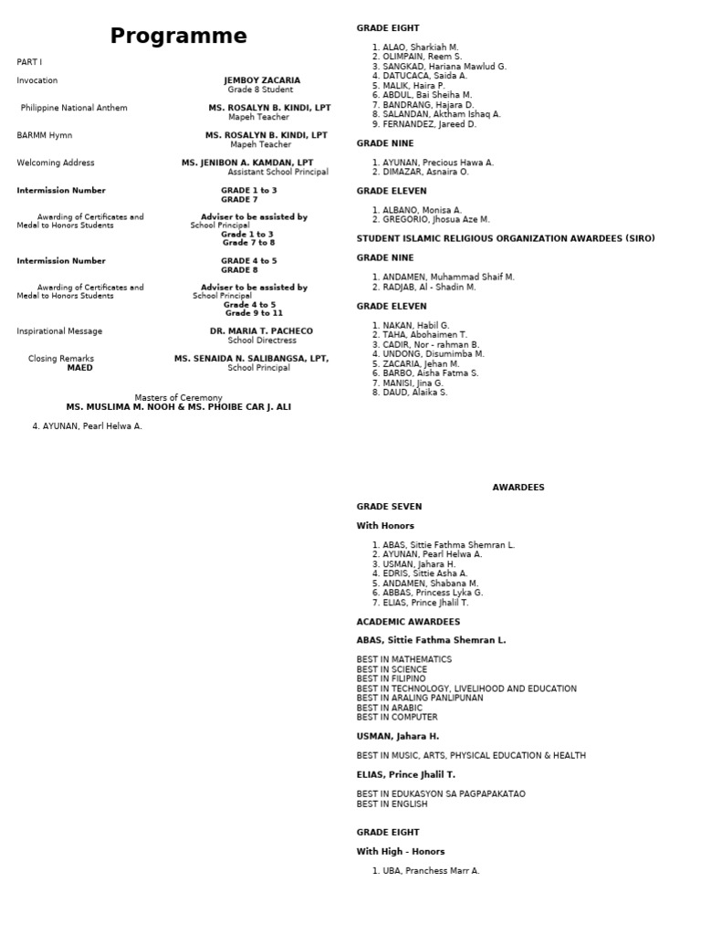 Grade 8 Honors Awards Ceremony Program | PDF