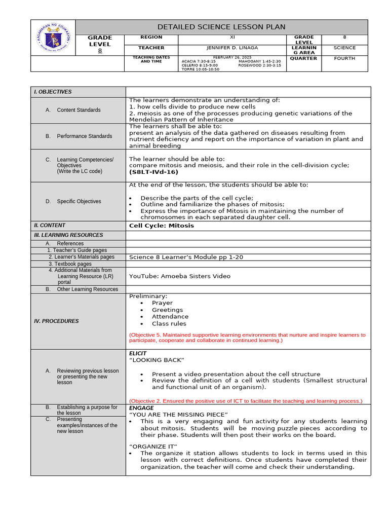8th Grade Mitosis Lesson Plan | PDF | Mitosis | Ploidy