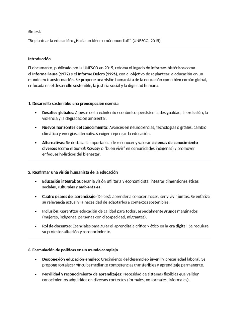 Síntesis 3 - Uneso Replantear La Educac | PDF | Sustentabilidad ...