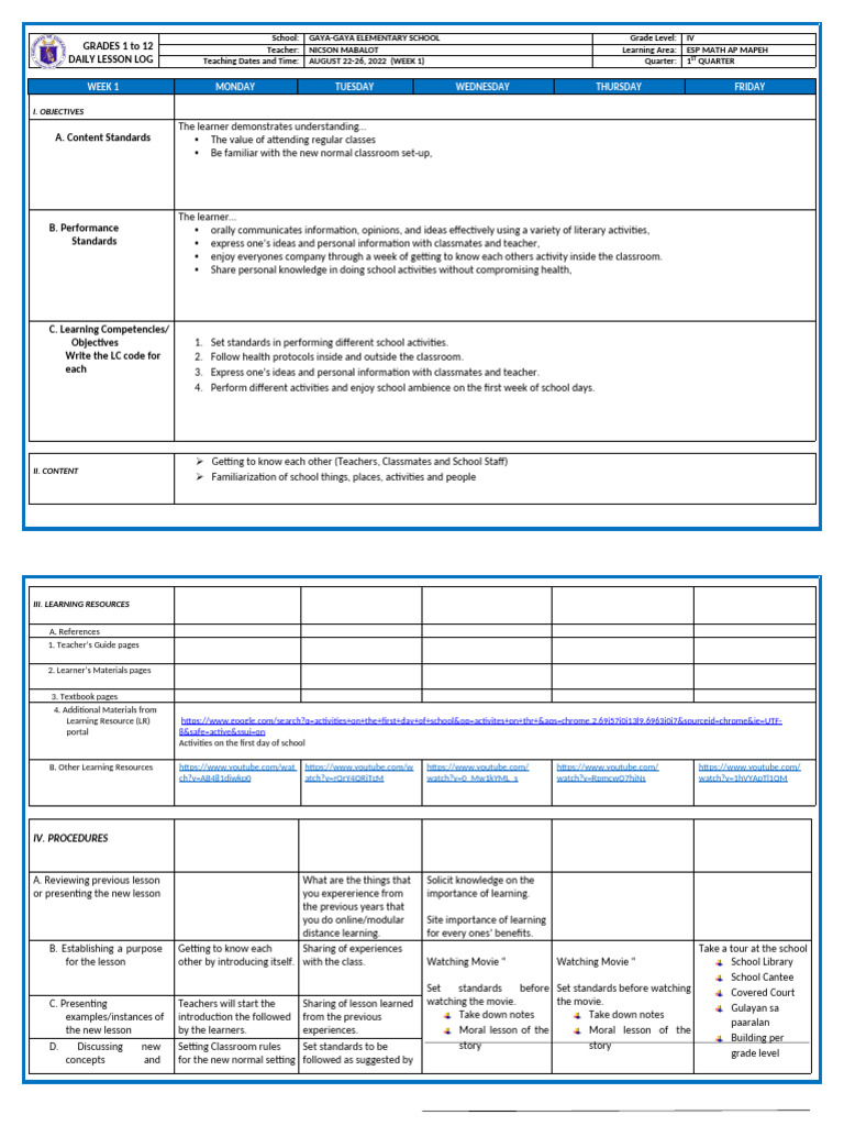 Grade 4 Daily Lesson Log: Week 1 | PDF | Teachers | Learning