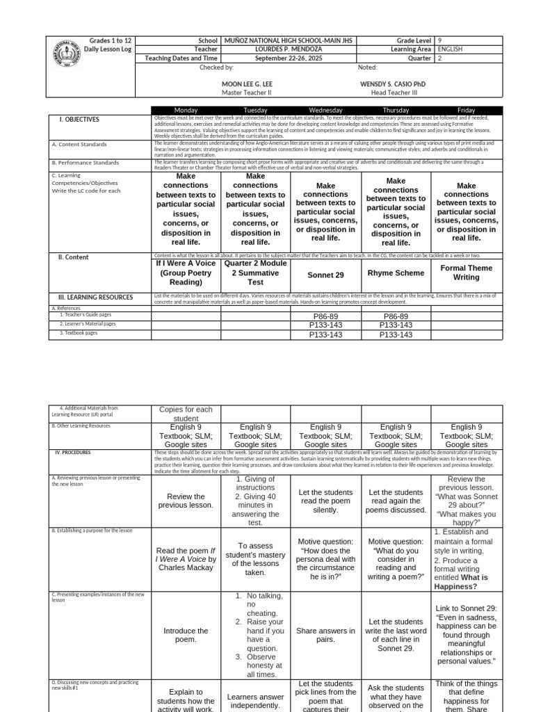 Grade 9 English Daily Lesson Log | PDF | Poetry | Learning