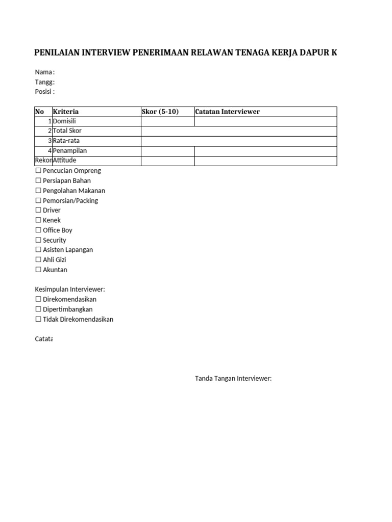 Penilaian Interview Relawan Dapur Katering | PDF