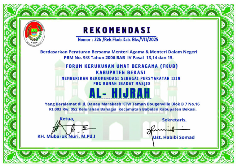 Piagam Rekom Masjid Al Hijrah | PDF