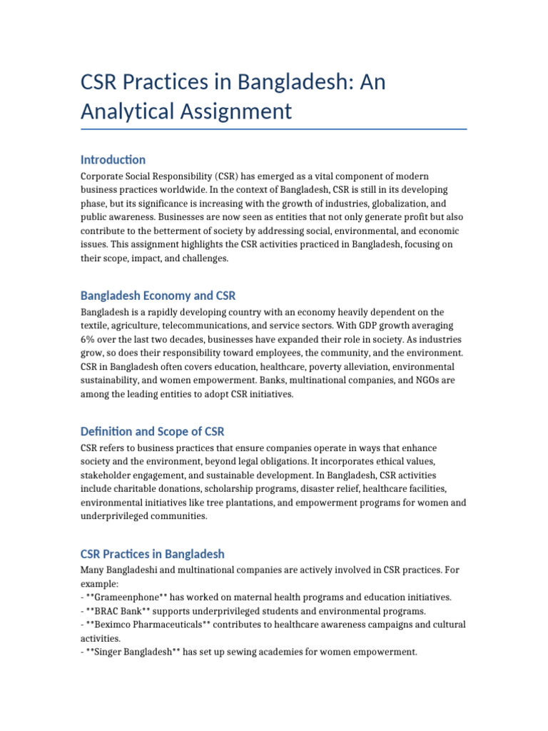 CSR Assignment Bangladesh | PDF | Corporate Social Responsibility ...