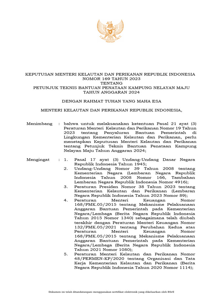 Kepmenkp169 Tahuna 2023 Tentang Juknis Kalaju 2024 | PDF