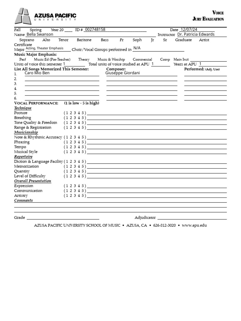 Vocal Performance Evaluation Form | PDF