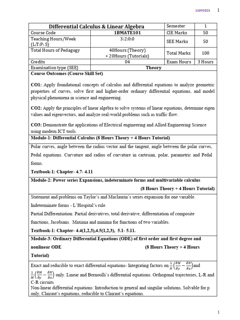 Differential Calculus & Linear Algebra 101 | PDF | Equations | Ordinary ...