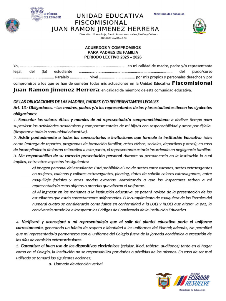 Acuerdos y Compromisos para Padres 2025-2026 | PDF