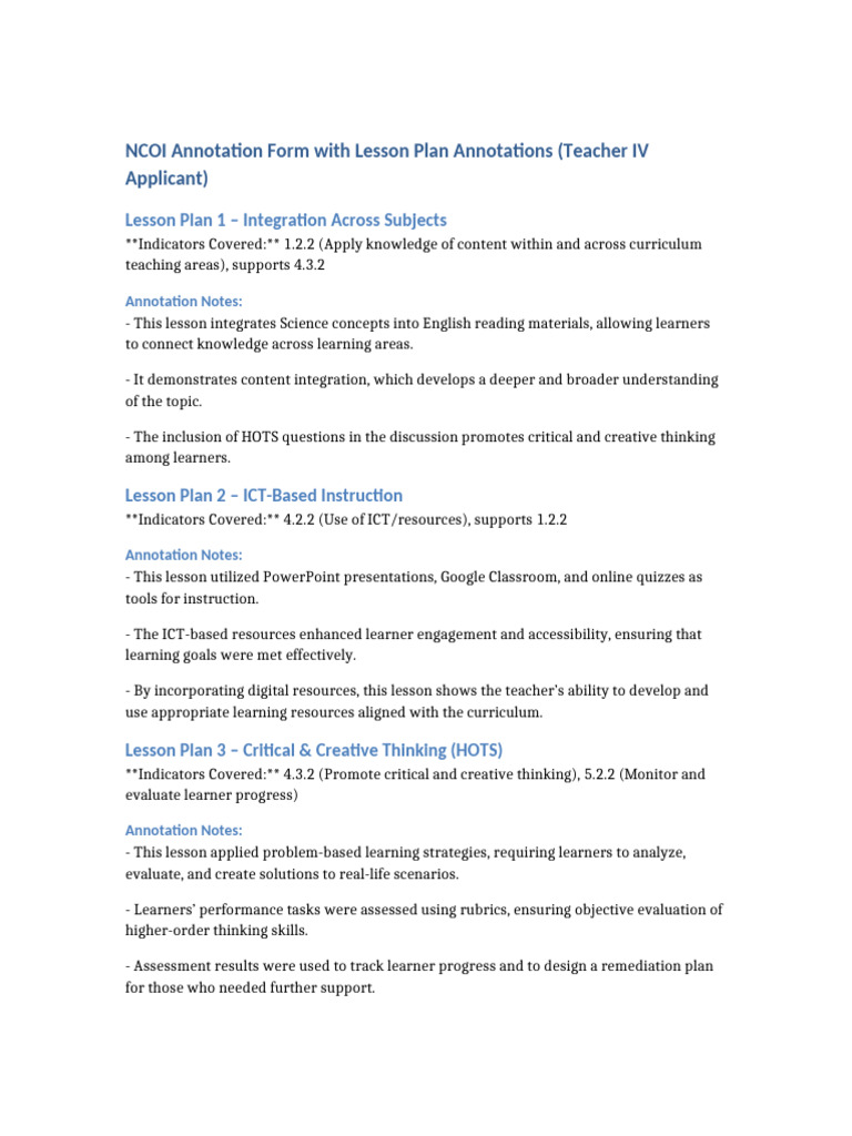NCOI Lesson Plan Annotations Guide | PDF