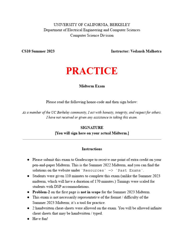 UC Berkeley CS10 Summer 2023 Midterm Practice Exam | PDF | Computing ...