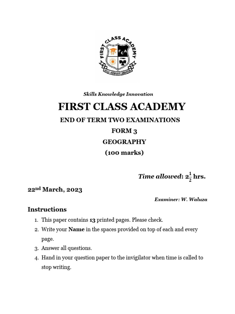 Form 3 Geography Exam Paper | PDF | Rock (Geology) | Plate Tectonics