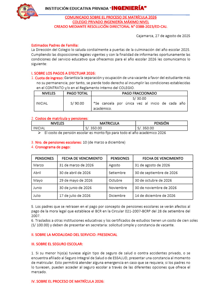 Proceso de Matrícula 2026 en Colegio Ingeniería | PDF | Escuelas