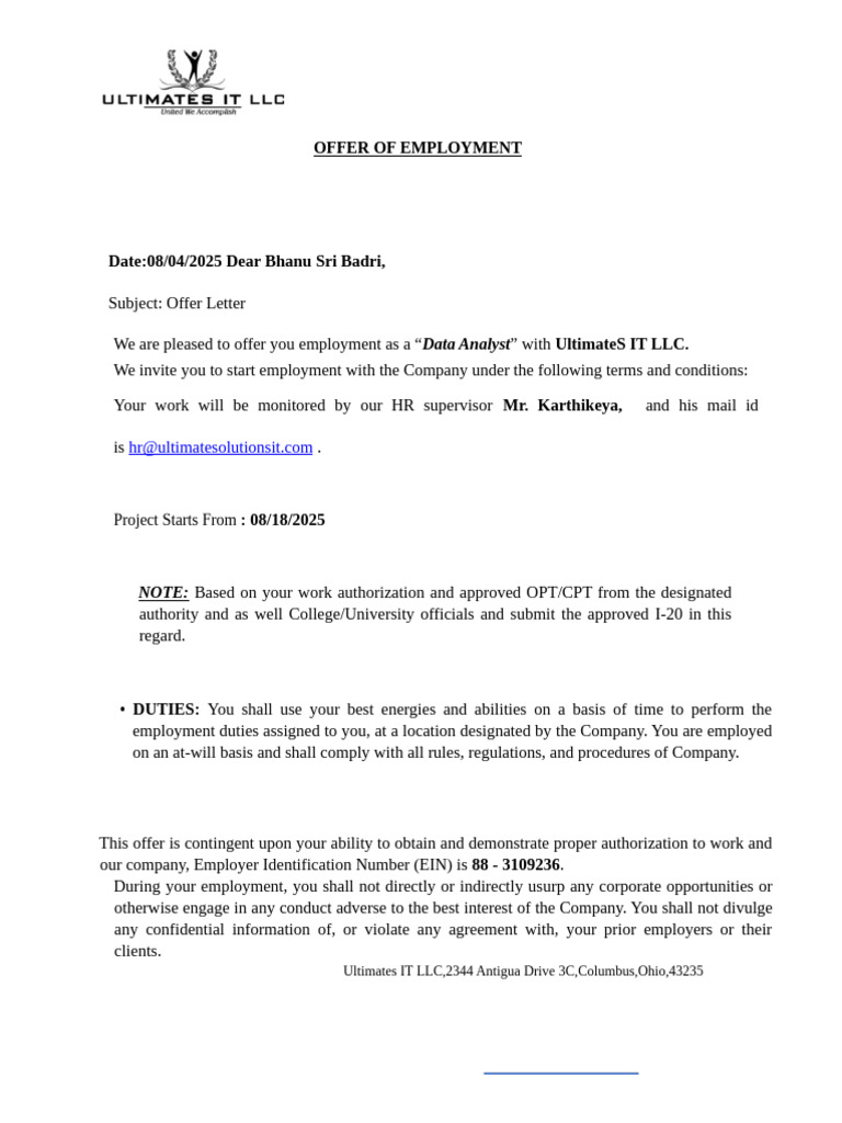 Data Analyst Employment Offer Letter | PDF | Business | Justice