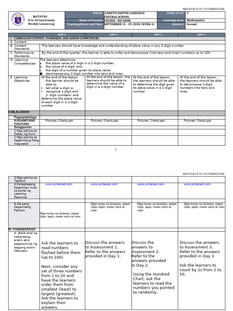 K-10 Math Weekly Lesson Plan | PDF | Curriculum | Length