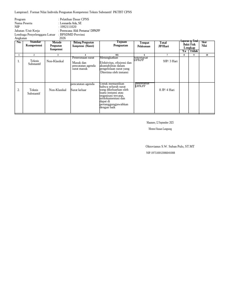 CONTOH Format Penilaian PKTBT KTS | PDF