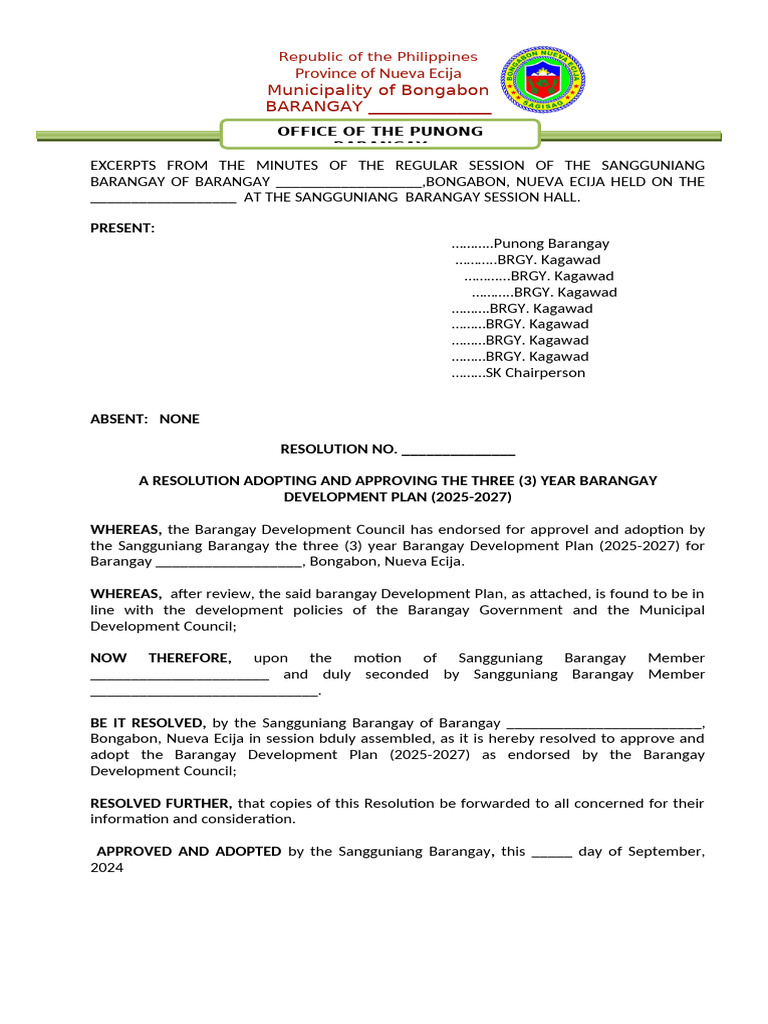 Barangay Development Plan 2025-2027 Approval | PDF