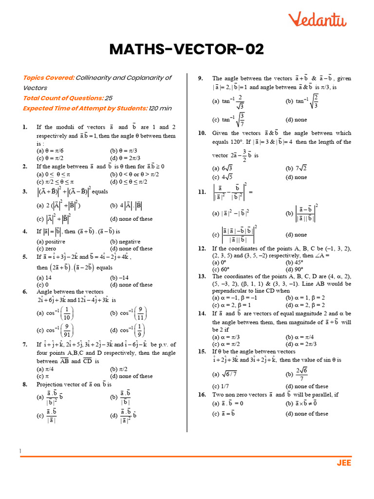 JEE Vector Collinearity & Coplanarity Quiz | PDF | Geometry | Euclidean ...