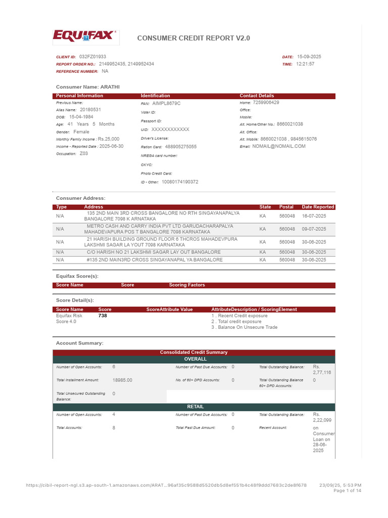 Consumer Credit Report for Arathi | PDF | Finance & Money Management ...