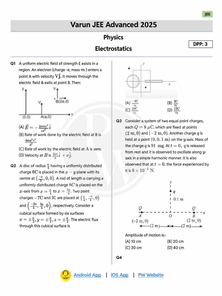 JEE Advanced 2025 Physics Electrostatics DPP | PDF | Electric Field ...
