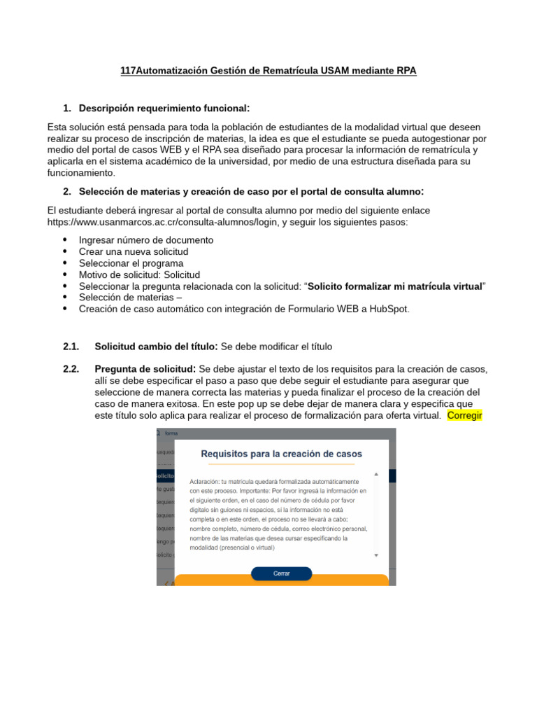 Requerimiento RPA Gestión de Rematrícula USAM | PDF