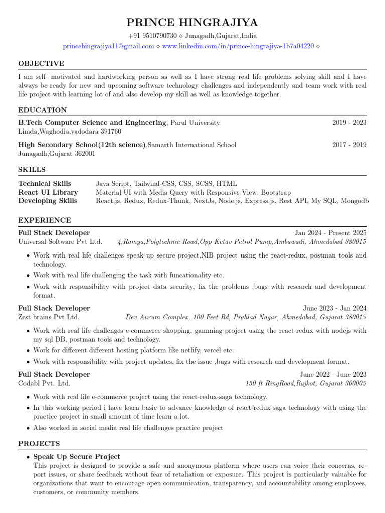 Full Stack Developer Resume - Prince Hingrajiya | PDF | Prices | E Commerce