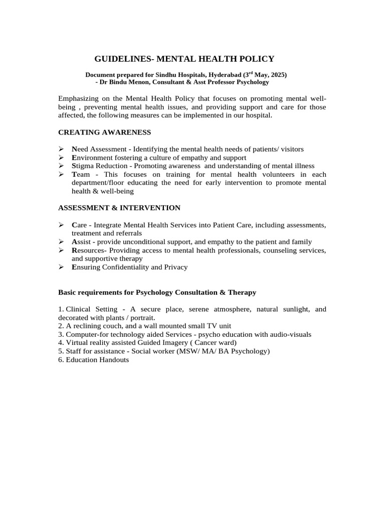 Mental Health Policy Guidelines for Hospitals | PDF