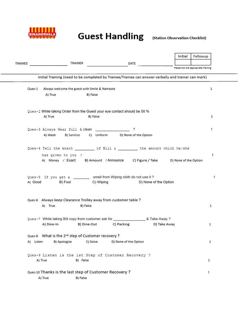 Guest Handling Training Checklist | PDF | Waiting Staff