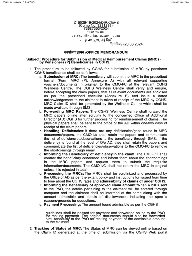 OM Regarding Procedure For Submission of MRC by CGHS Pensioner ...