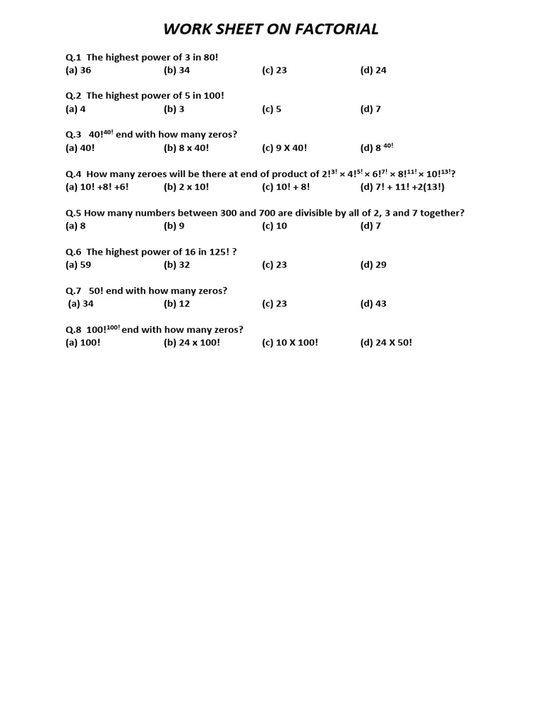 Factorial Worksheet: Powers and Zeros | PDF