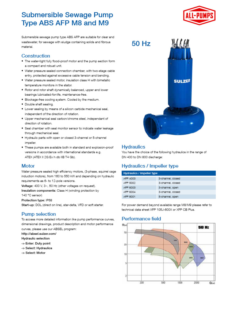 ABS AFP Submersible Sewage Pumps Guide | PDF | Pump | Electric Motor