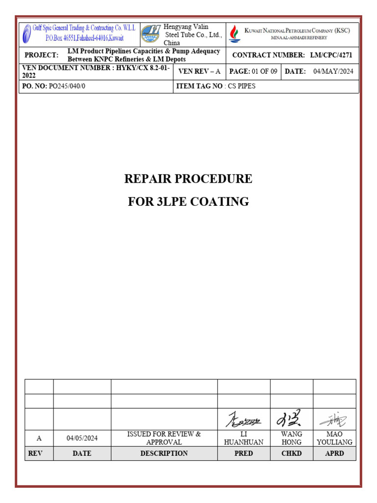 Coating Repair Procedure With Cover Page | PDF | Pipe (Fluid Conveyance ...