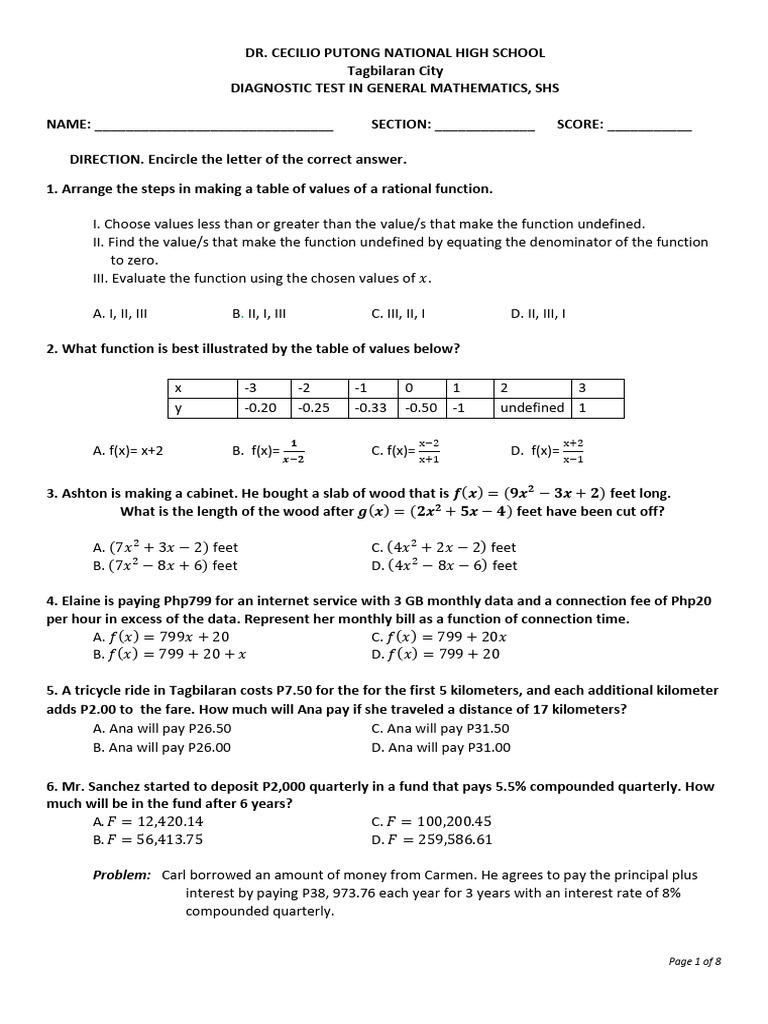 Diagnostic Exam in General Mathematics SHS For Riso | PDF | Function ...