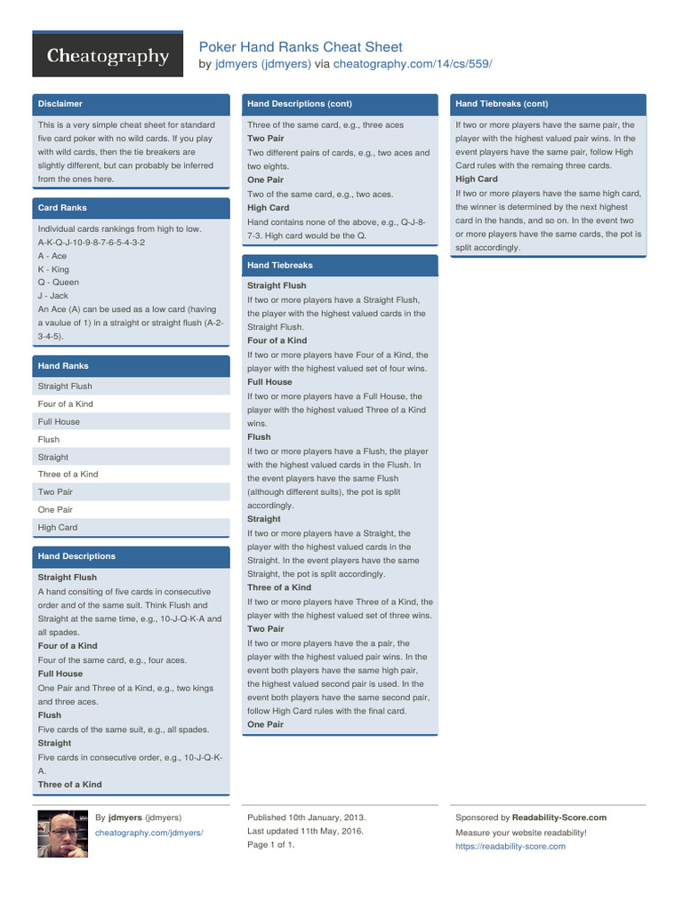 Jdmyers Poker Hand Ranks | PDF | Poker | Gambling