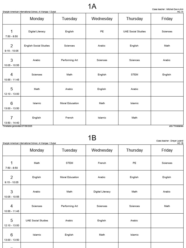 Sharjah American School Timetable 2025 | PDF | United Arab Emirates