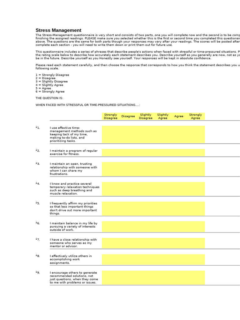 Stress Management Questionnaire Guide | PDF | Stress Management ...