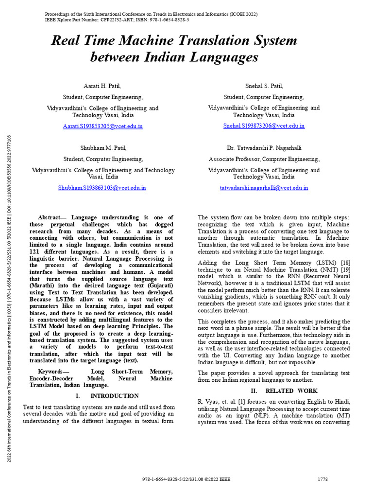 Real Time Machine Translation System Between Indian Languages | PDF ...