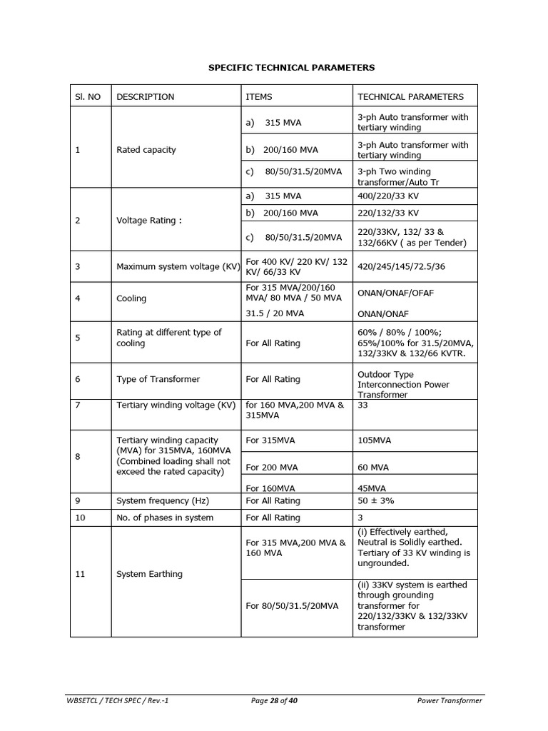 Power Transformer Technical Specifications | PDF | Transformer ...