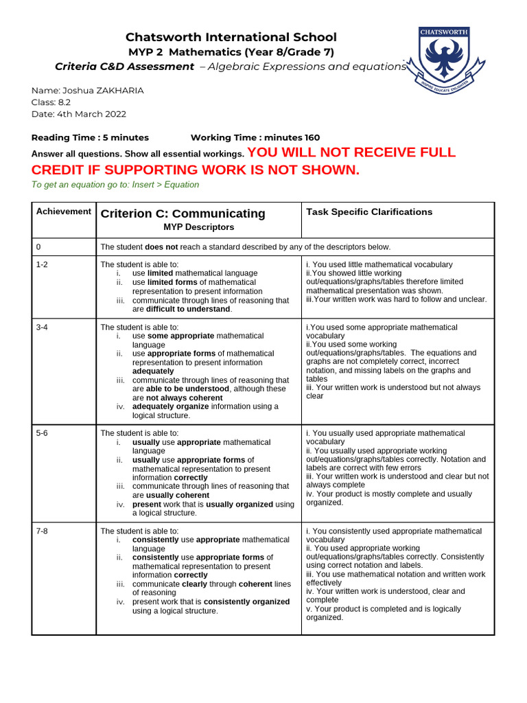 MYP 2 Algebraic Expressions Assessment | PDF | Cartesian Coordinate ...