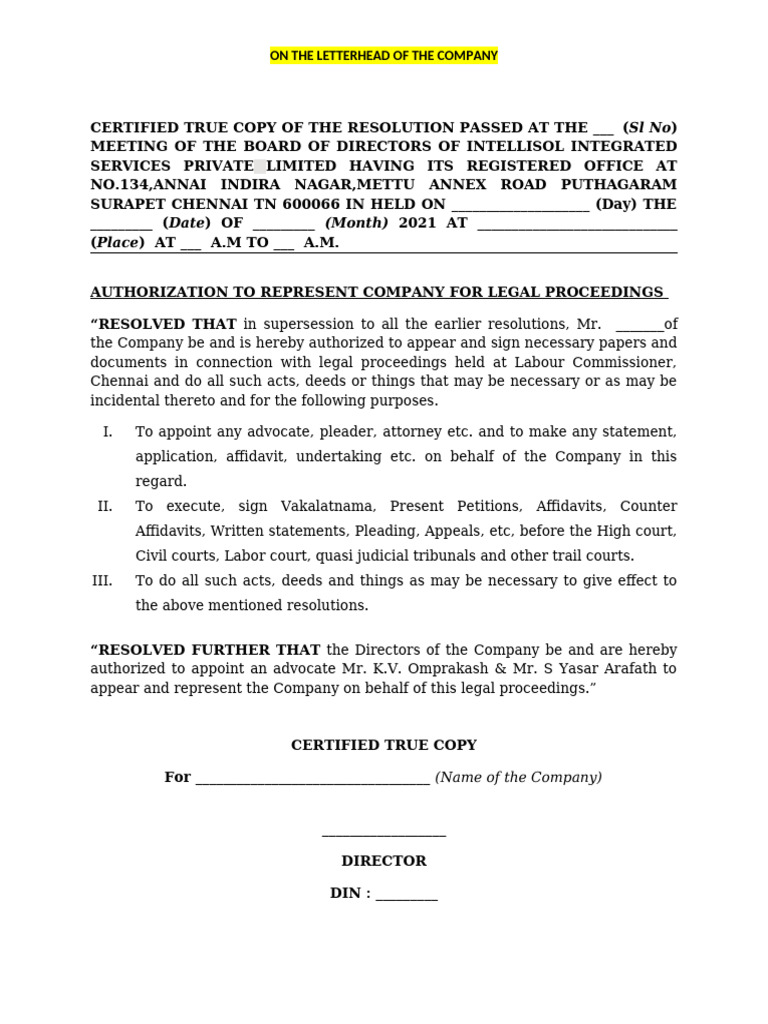 Board Resolution For Appointment of Advocate - Intellisol | PDF