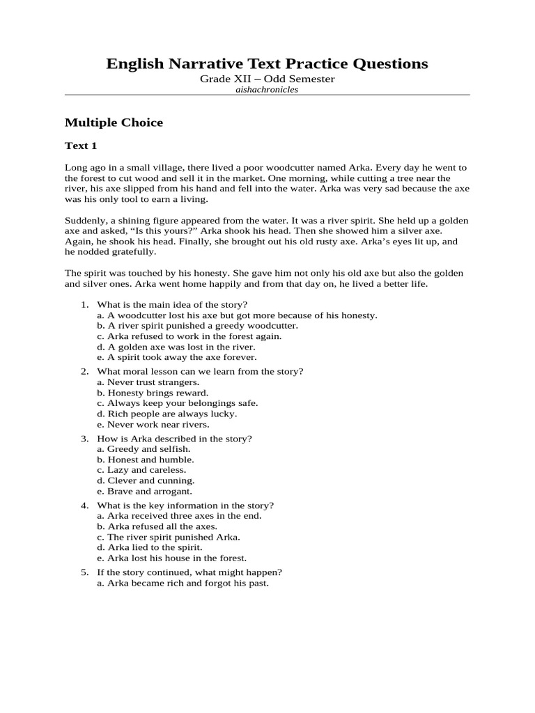 Grade XII English Narrative Questions | PDF