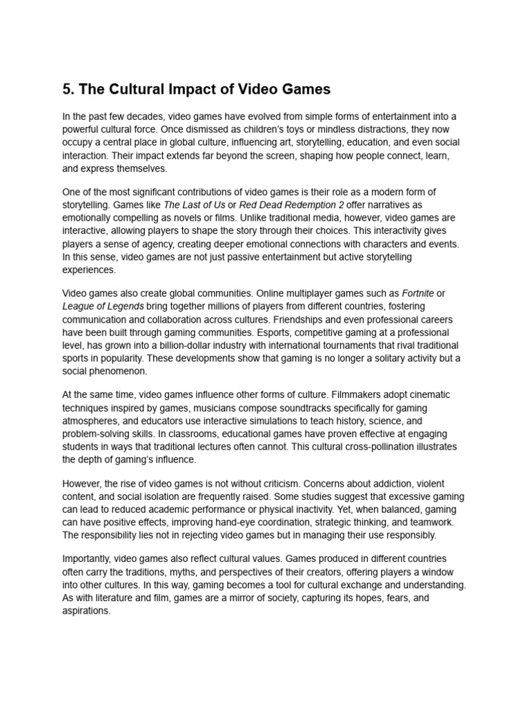 Cultural Impact of Video Games | PDF | Video Games | Storytelling