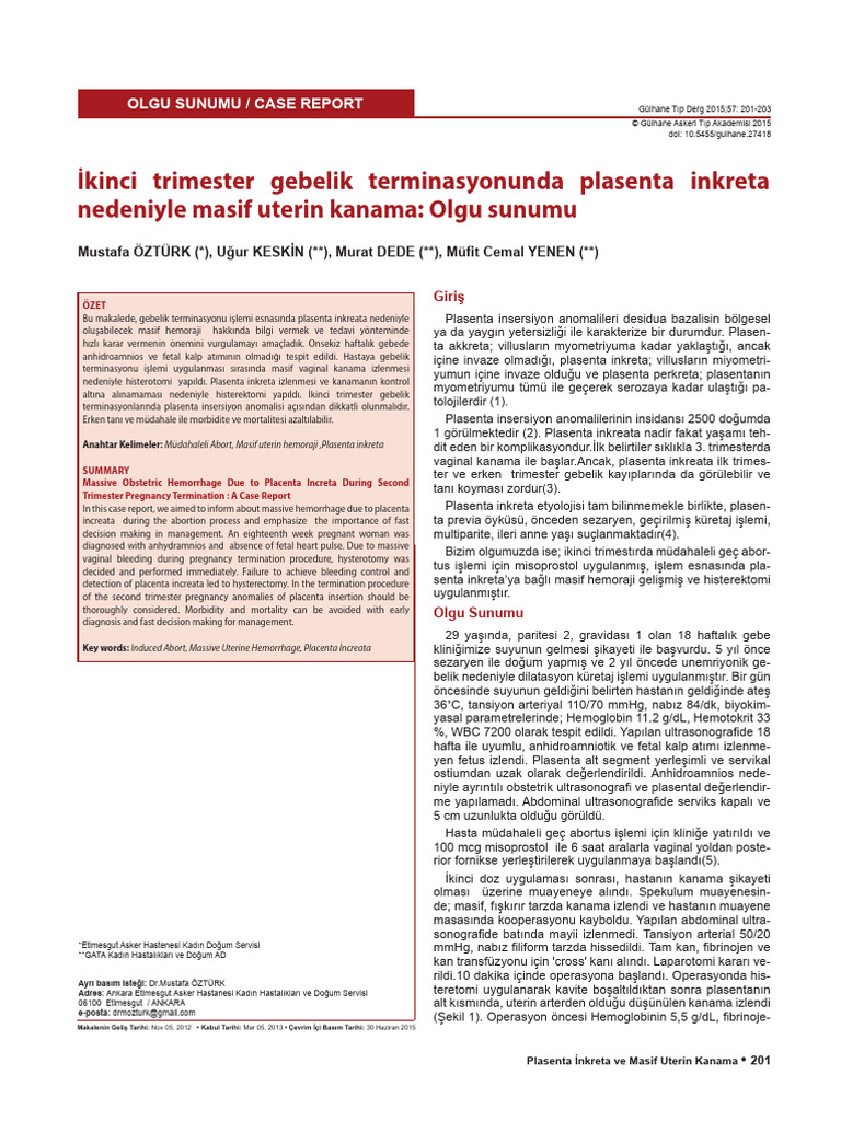  kinci Trimester Gebelik Terminasyonunda Plasenta Inkreta Nedeniyle 