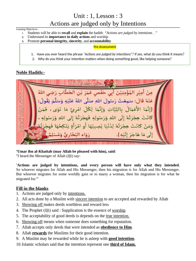 Actions Judged by Intentions in Islam | PDF | God In Islam | Hadith