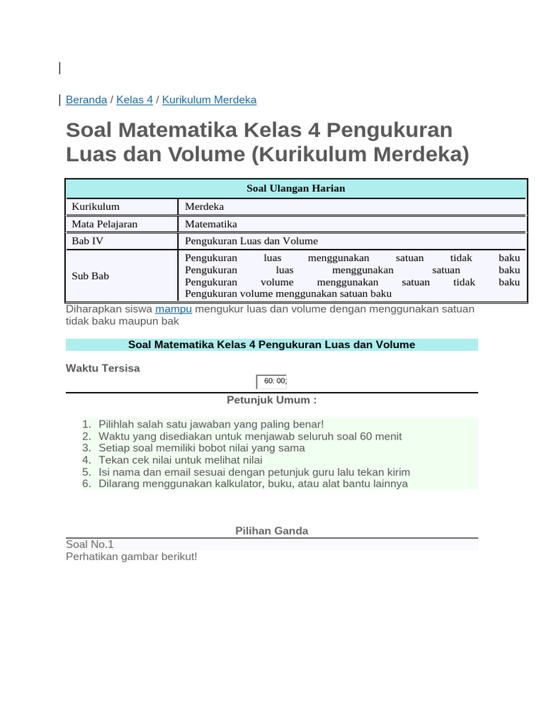 Soal Matematika Kelas 4: Luas & Volume | PDF