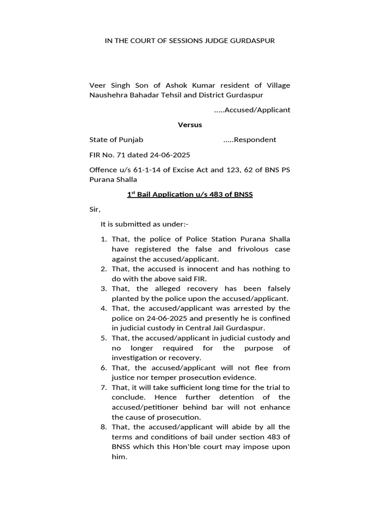 Bail Application Under BNSS 483 | PDF