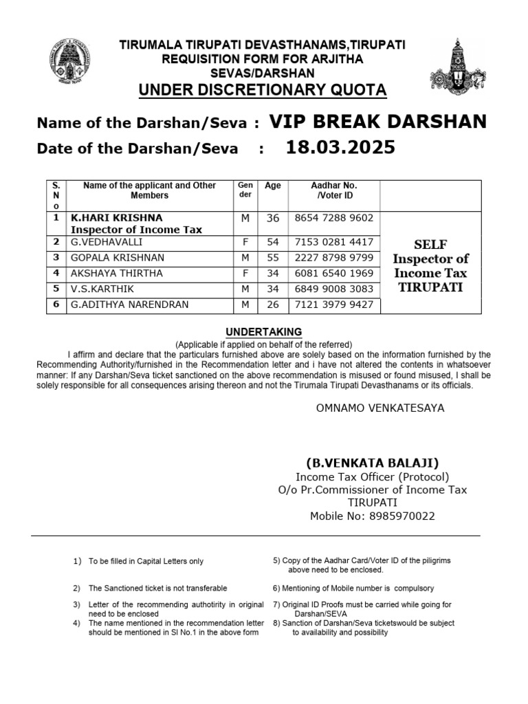 VIP Break Darshan Requisition Form | PDF | Government